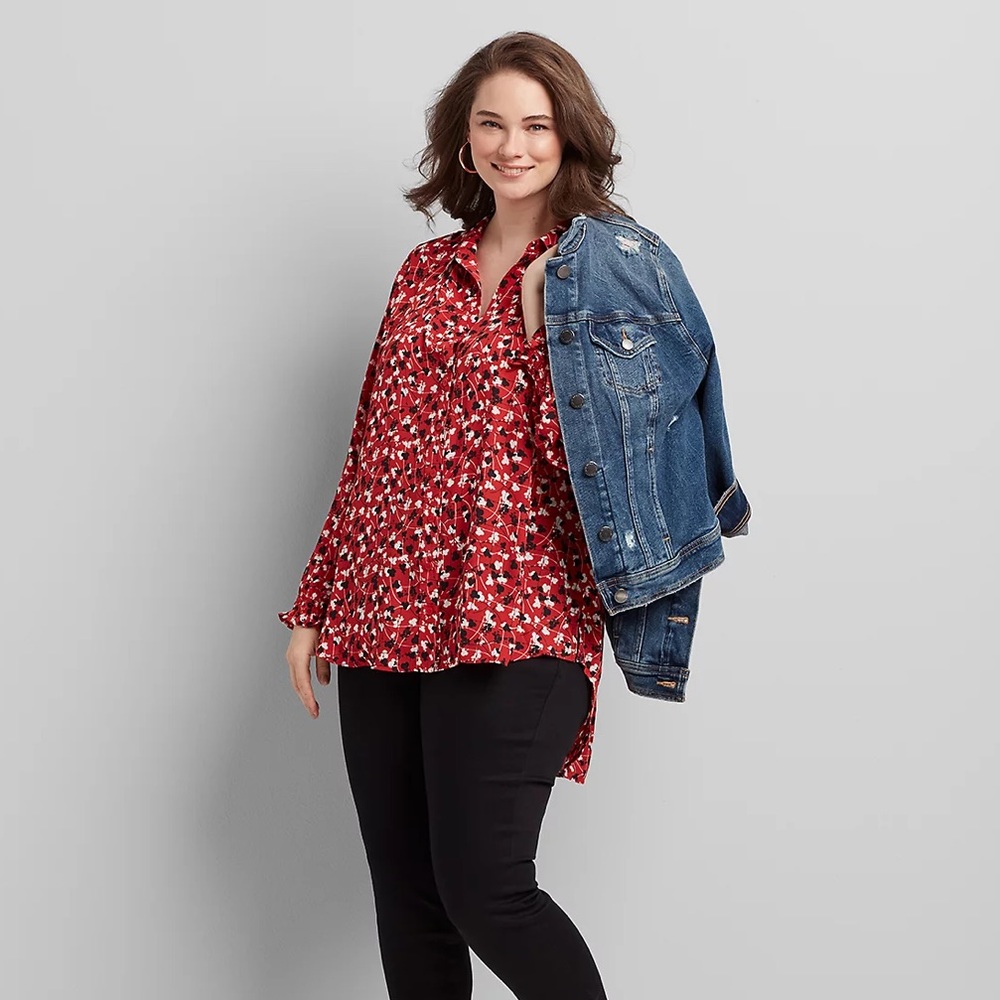 Lane Bryant Size 16 long button down top. Red, black and white, Pleats in back